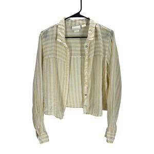 Cynthia Rowley Linen Shirt Yellow White Stripe Button Front L